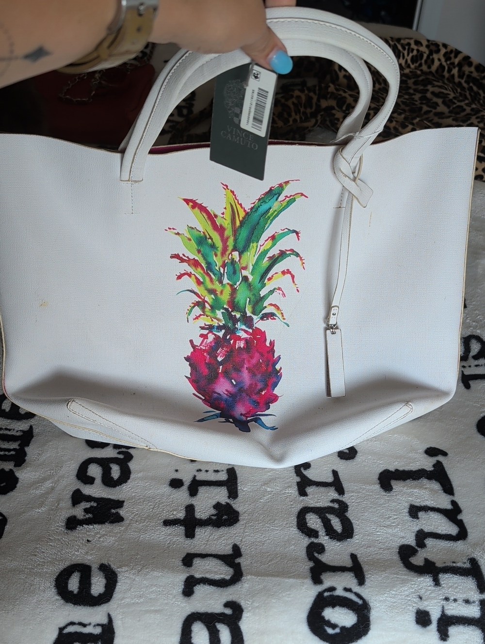 Vince Camuto White Tote with Multicolor Pineapple Print